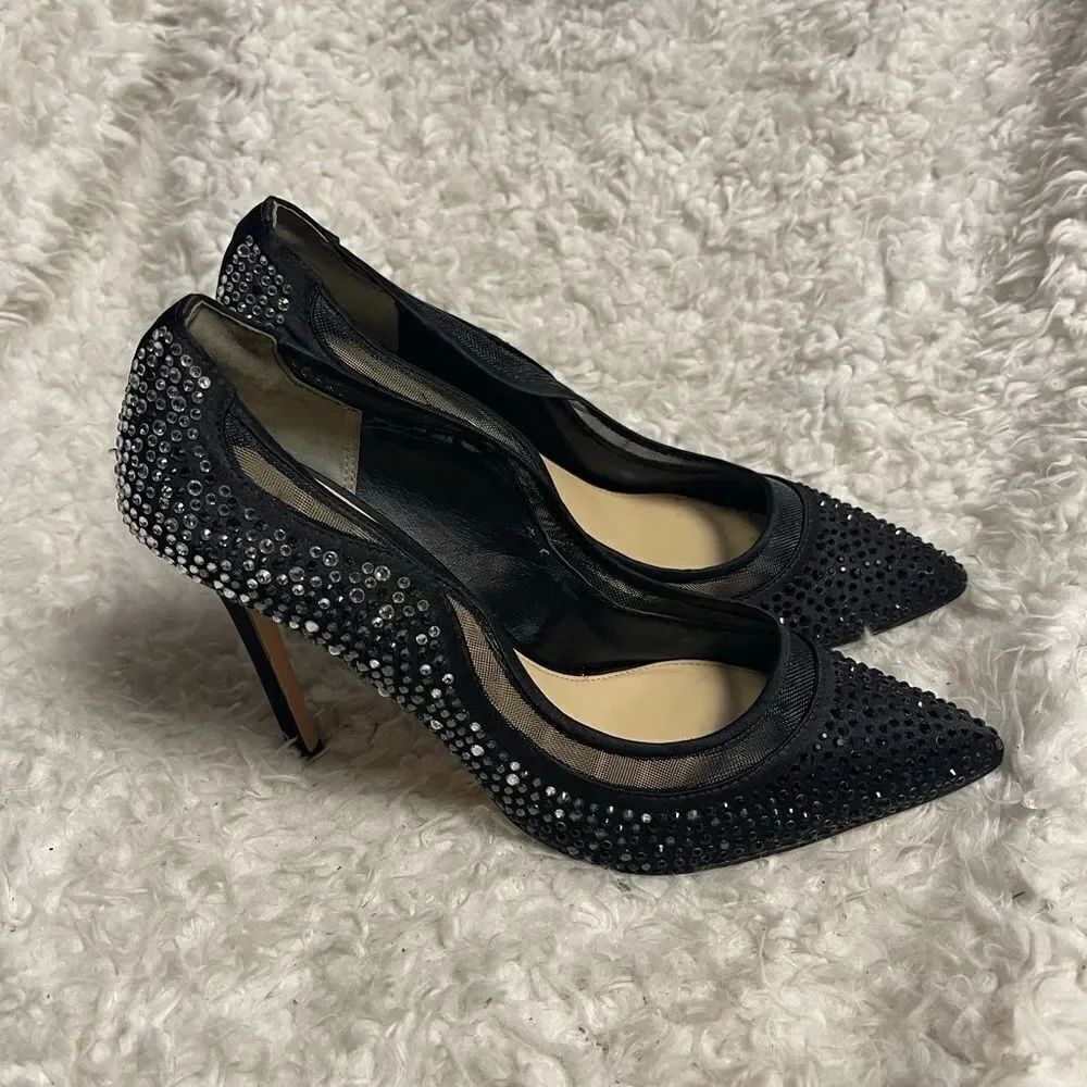 NINA RYOKO FABRIC BLACK CRYSTAL EMBELLISHED SLIP ON HEELS SZ8.5M